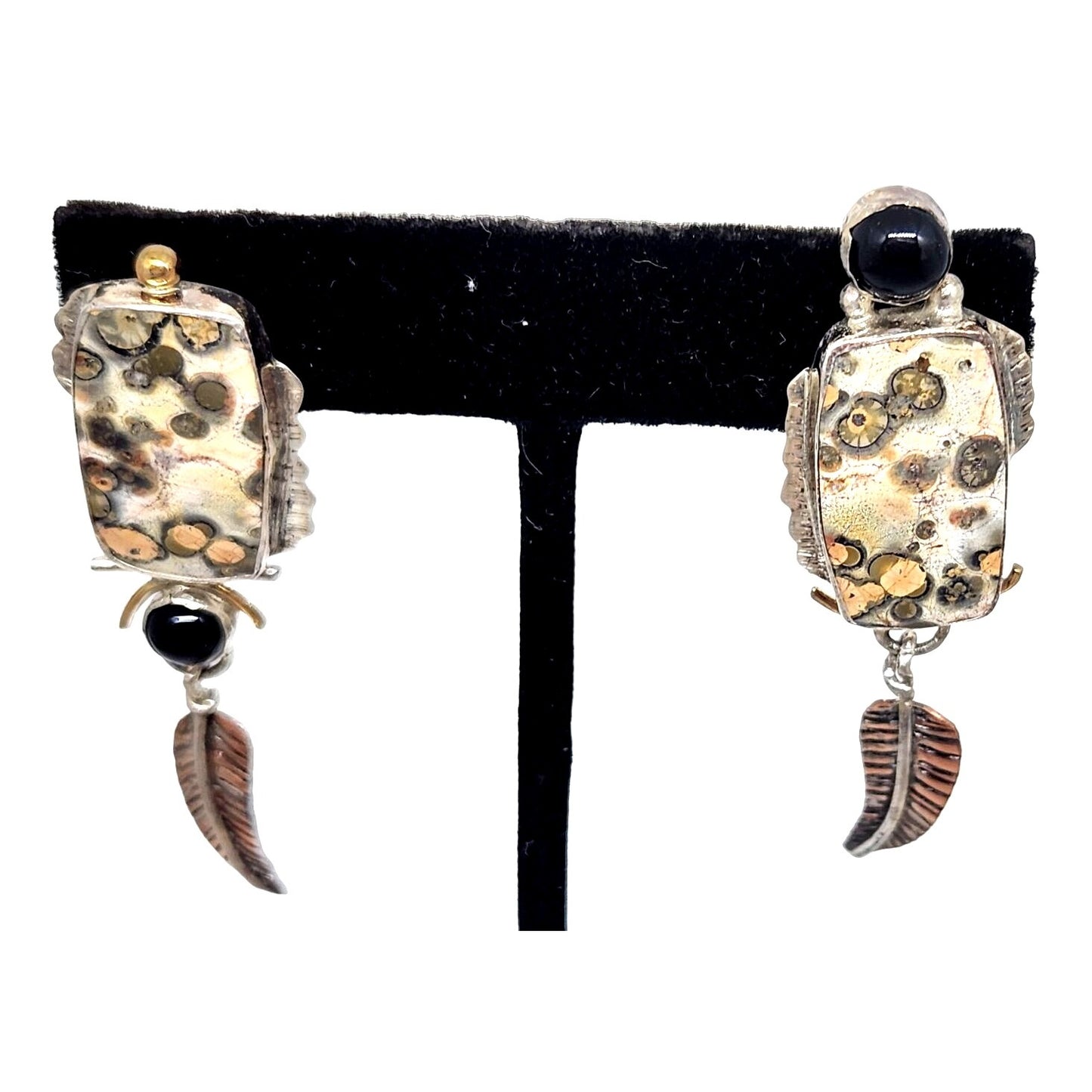 Earrings Leopard Jasper Copper Feather Black Onyx 8mm Circle 11.6 Gr Silver Post