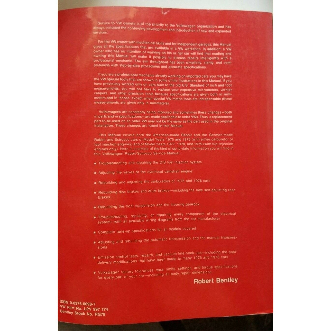 Book 1975 -1979 Robert Bentley Volkswagen Rabbit Sirocco Service Manual Gas