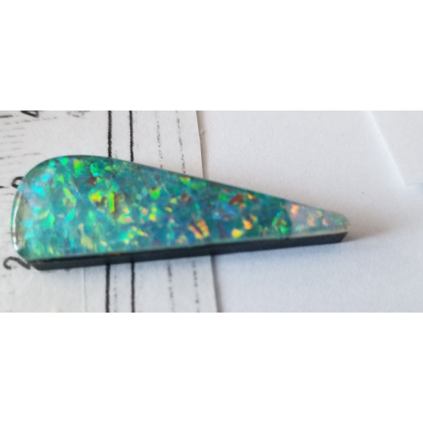 Loose Gemstone Australian Opal Black Backing Cabochon 3 1/2 cm x 1.5 cm 2.9 gr Blue Green Yellow Silver