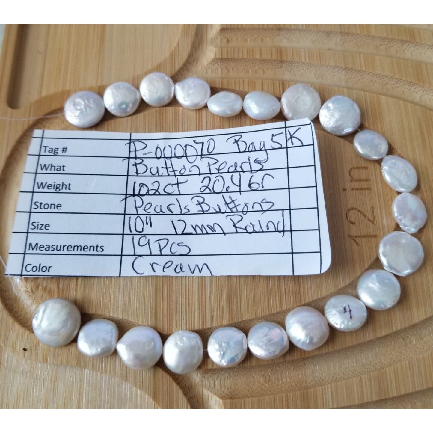 Loose Pearl White Button Bag K 5 Round 12 mm Bin Pearl 19 Pcs 102 ct 20.4 gr 10" Drilled