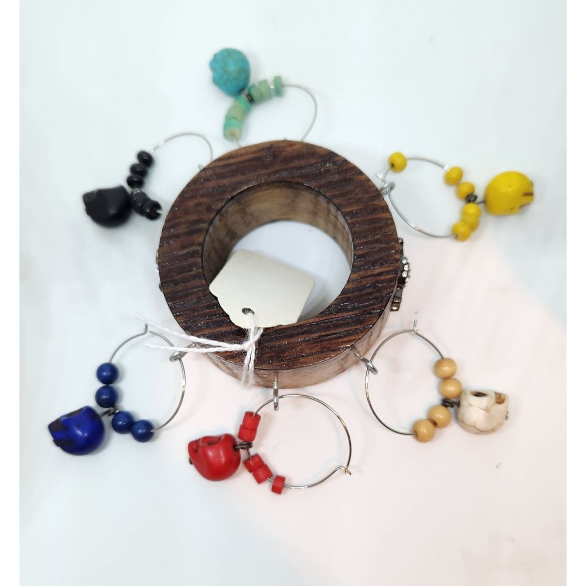 Colorful Skull Wine Glass Charms Set - 6 Themed Unique Charms With Beads & Wood Holder
