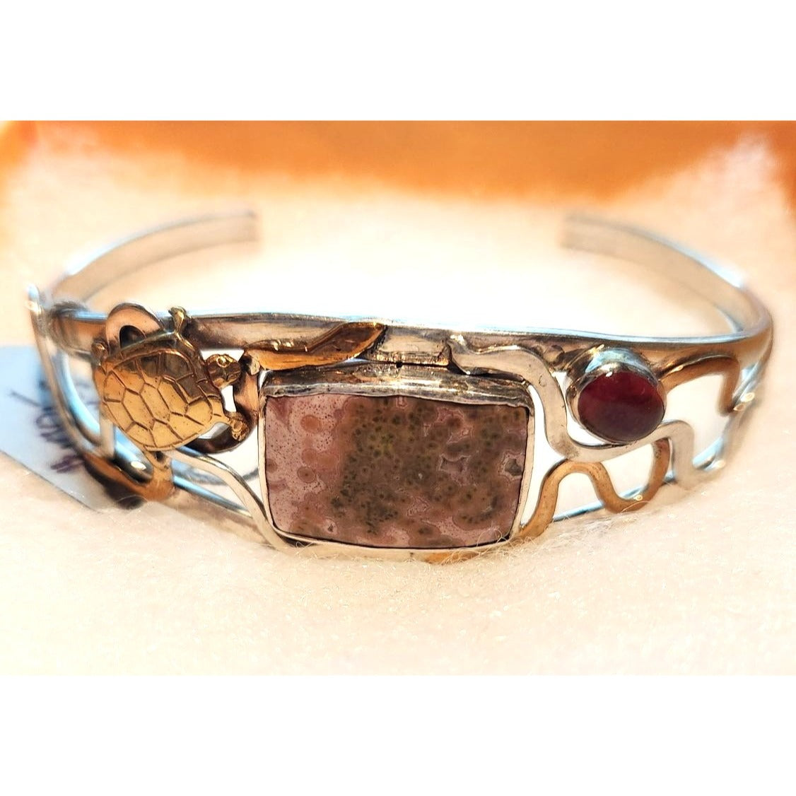 Bracelet Ocean Jasper Garnet Sterling 925  Silver 14K Gold Accents Turtle