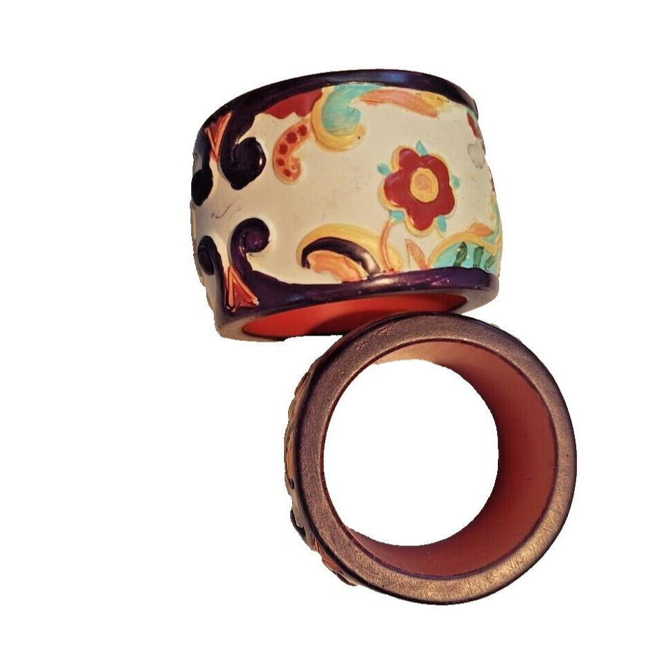 Napkin Rings Painted White Wood Flowers Set of 2 Round 1 1/4" x 2"