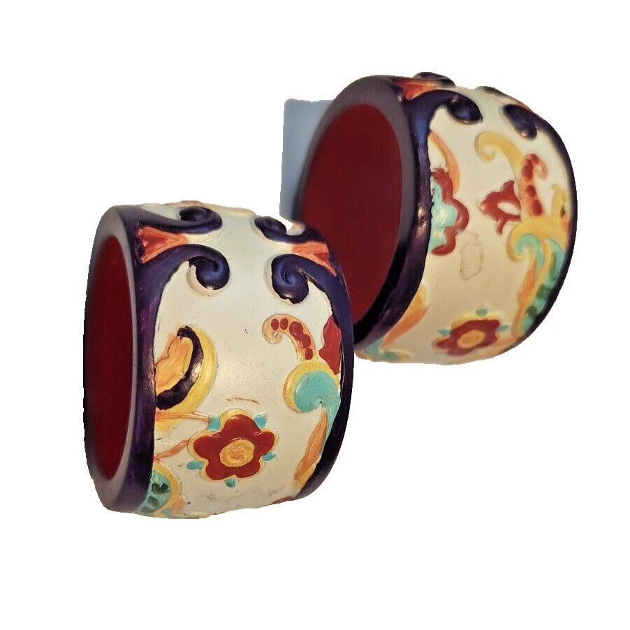 Napkin Rings Painted White Wood Flowers Set of 2 Round 1 1/4" x 2"