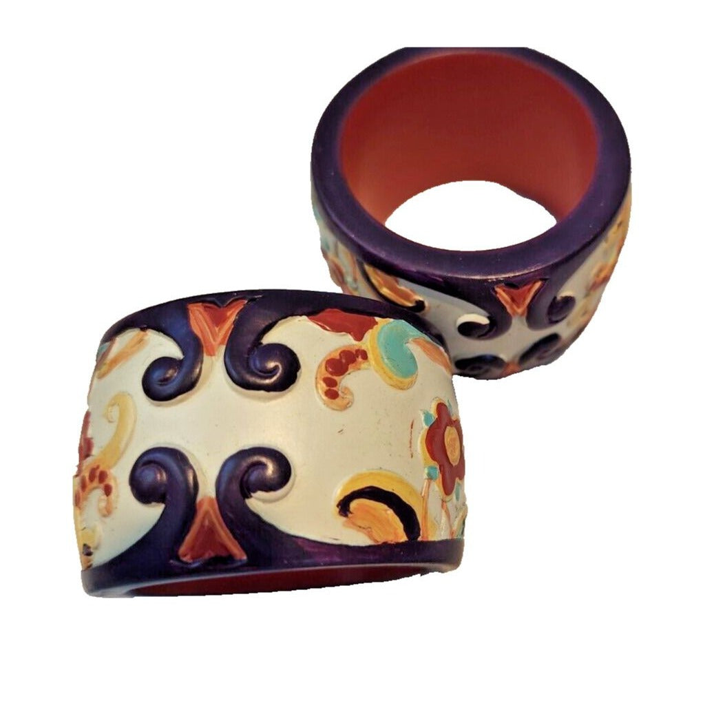 Napkin Rings Painted White Wood Flowers Set of 2 Round 1 1/4" x 2"