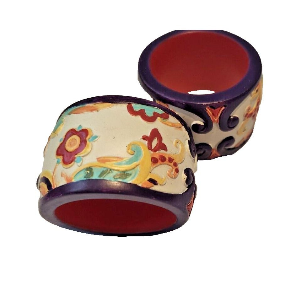 Napkin Rings Painted White Wood Flowers Set of 2 Round 1 1/4" x 2"