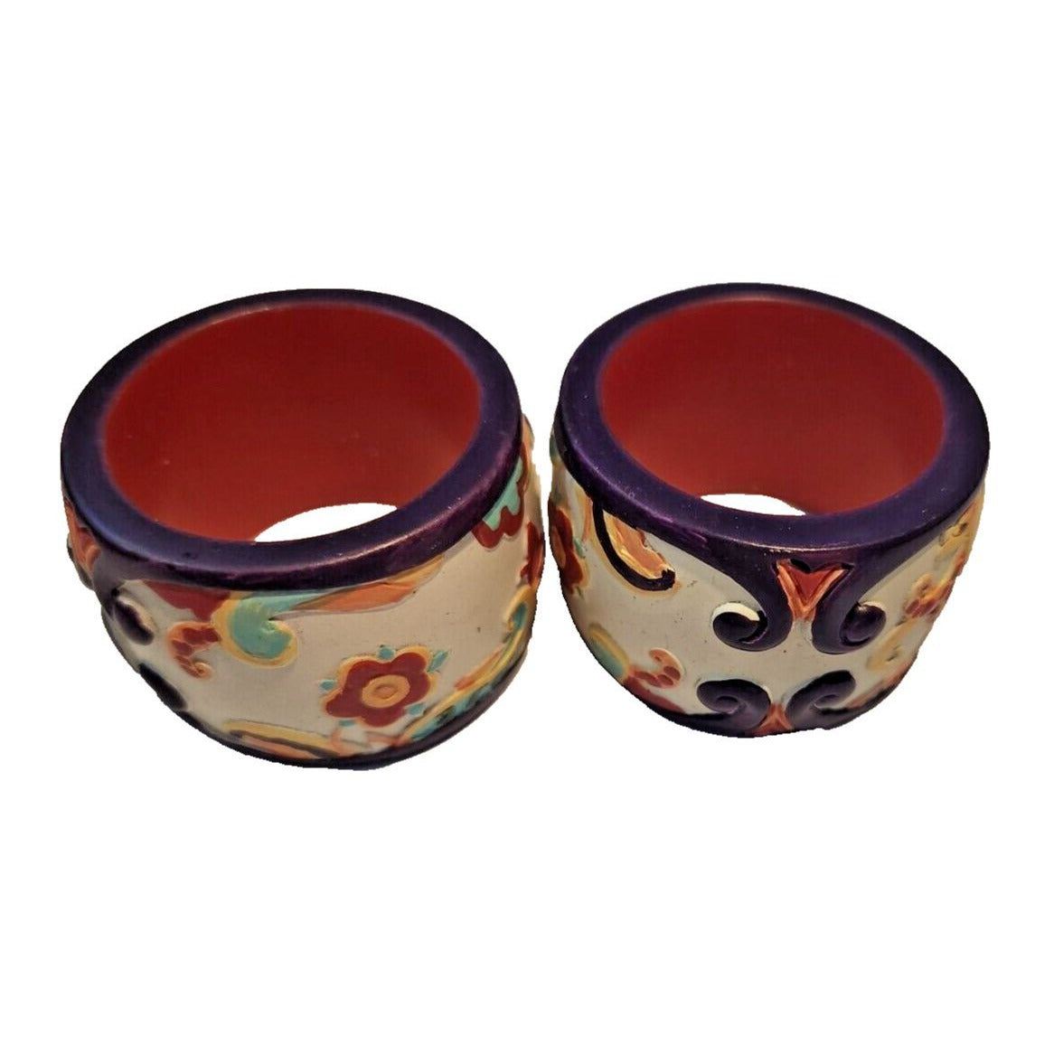 Napkin Rings Painted White Wood Flowers Set of 2 Round 1 1/4" x 2"