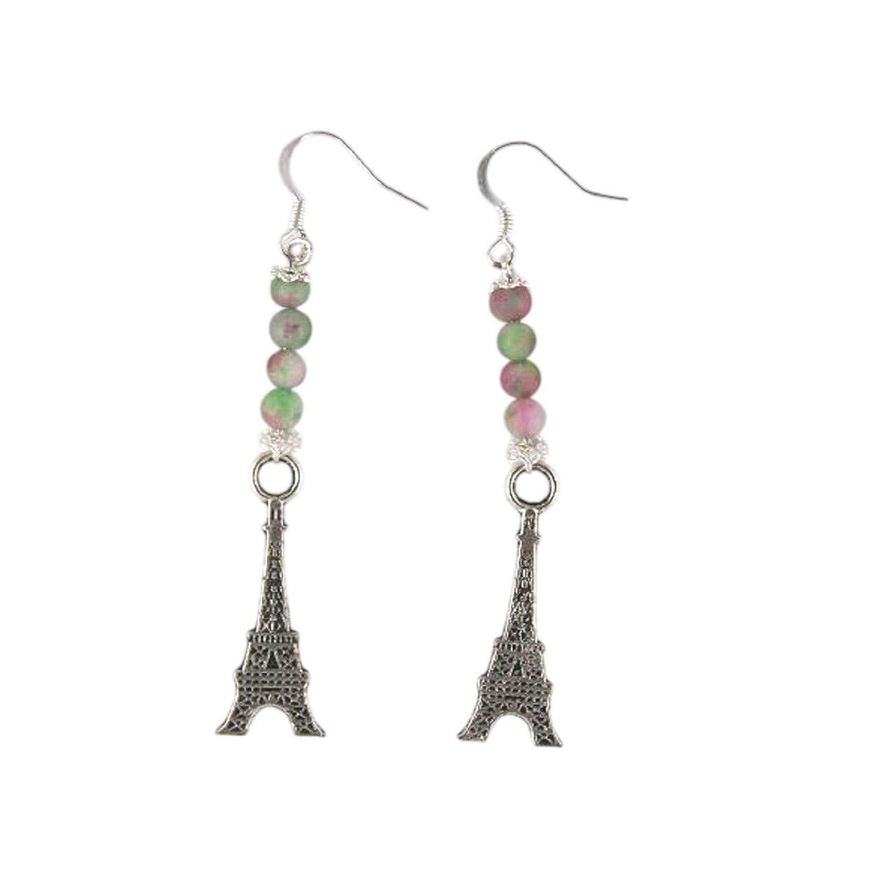 Earrings Eiffel Tower Charms Green Pink Beads Sterling Hooks 2" Long