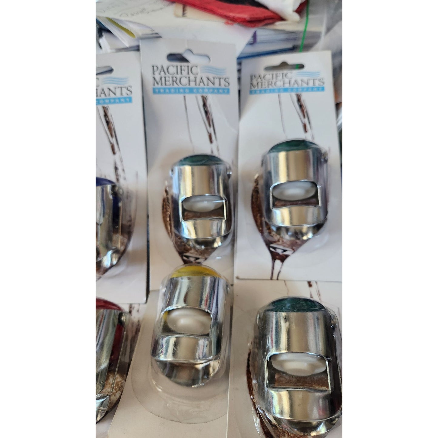 Set Of 6 Pacific Merchants Champagne Bottle Top Popper Openers With Color Coded Tops & Stainless Steel Finish