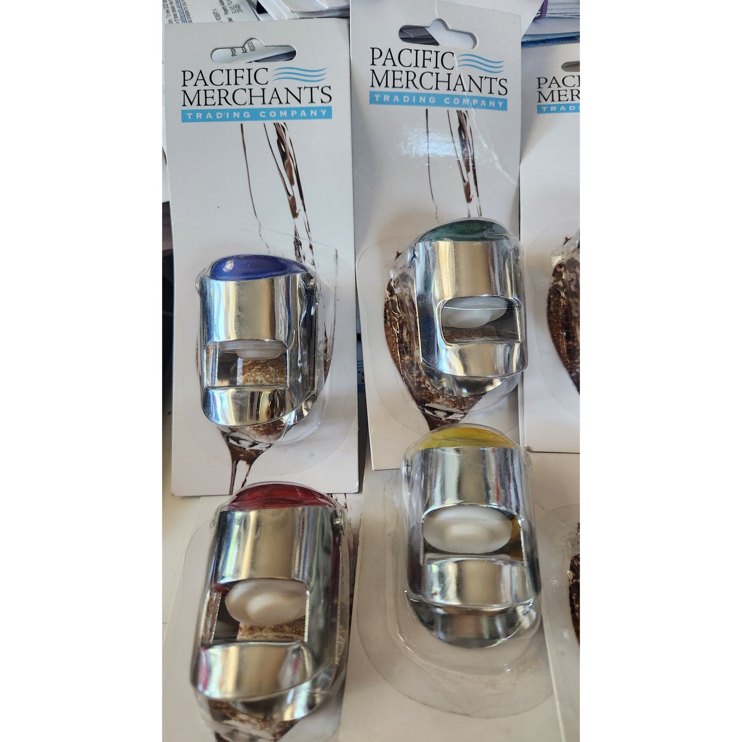 Set Of 6 Pacific Merchants Champagne Bottle Top Popper Openers With Color Coded Tops & Stainless Steel Finish