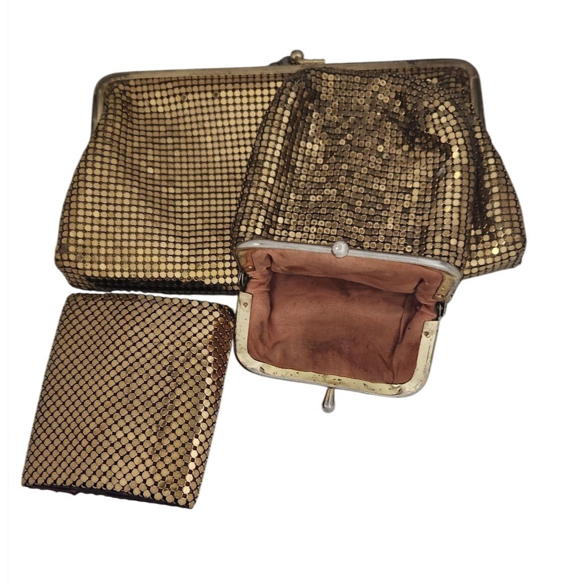 Purse 3 piece set Whiting & Davis Vintage Gold Mesh Bag Change Purse Money ,Cigarette Case