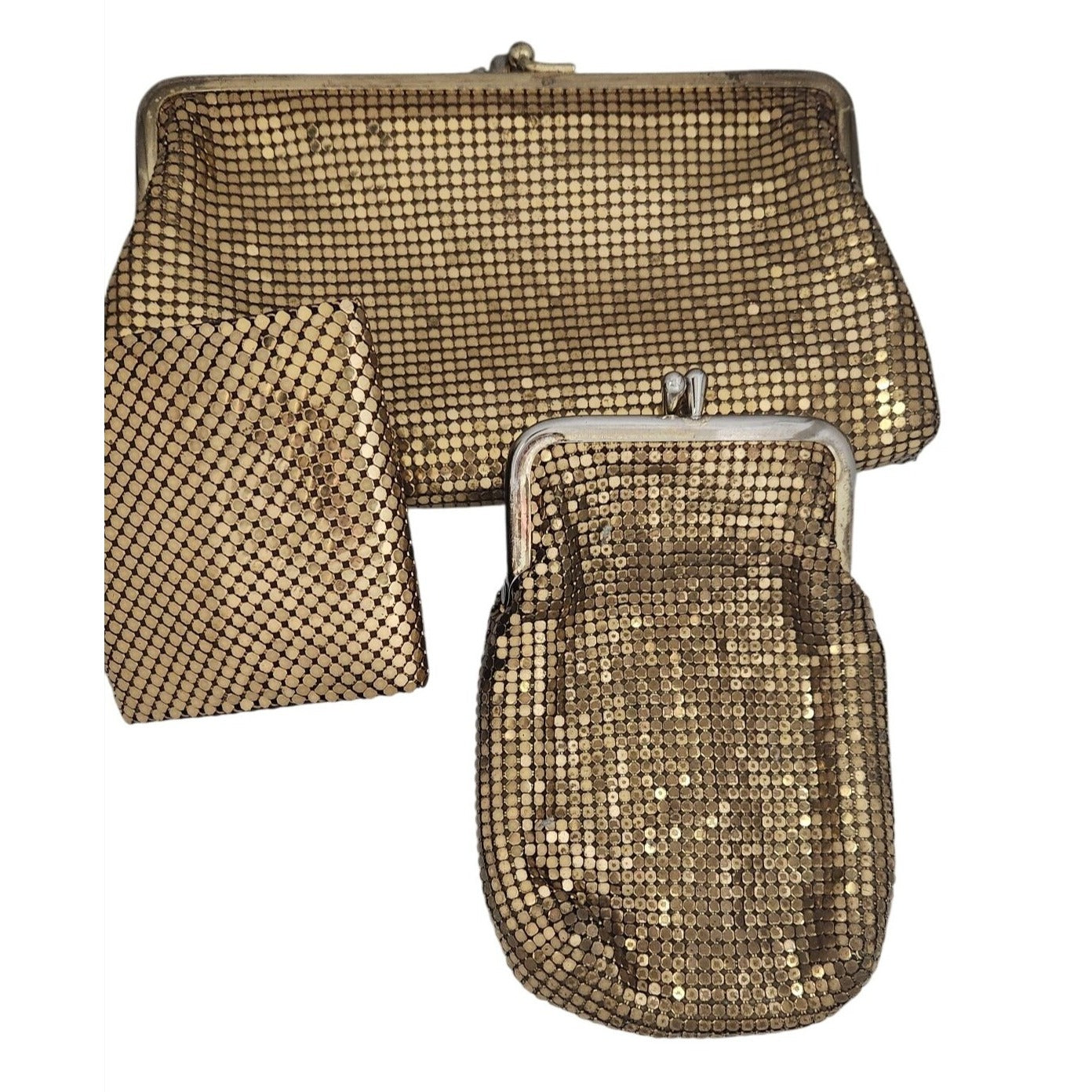 Purse 3 piece set Whiting & Davis Vintage Gold Mesh Bag Change Purse Money ,Cigarette Case