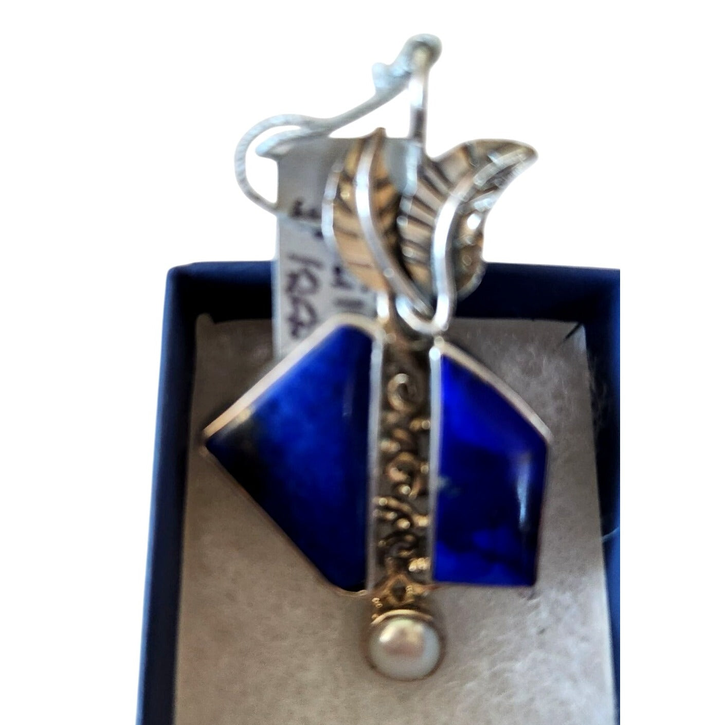 Pendant Lapis Natural Pearl 8 mm 2 Leaves 15 x 8 mm Gold Accents Silver 11.6 Gr