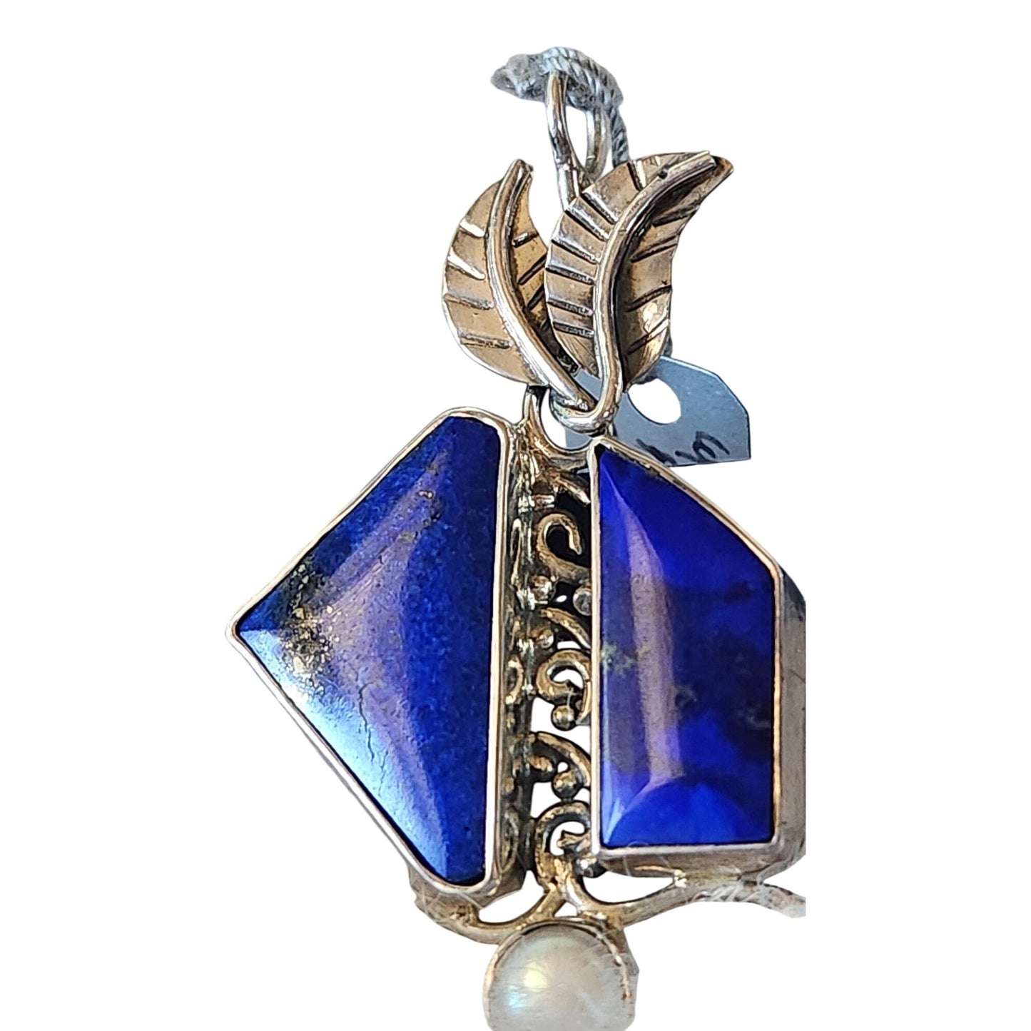 Pendant Lapis Natural Pearl 8 mm 2 Leaves 15 x 8 mm Gold Accents Silver 11.6 Gr
