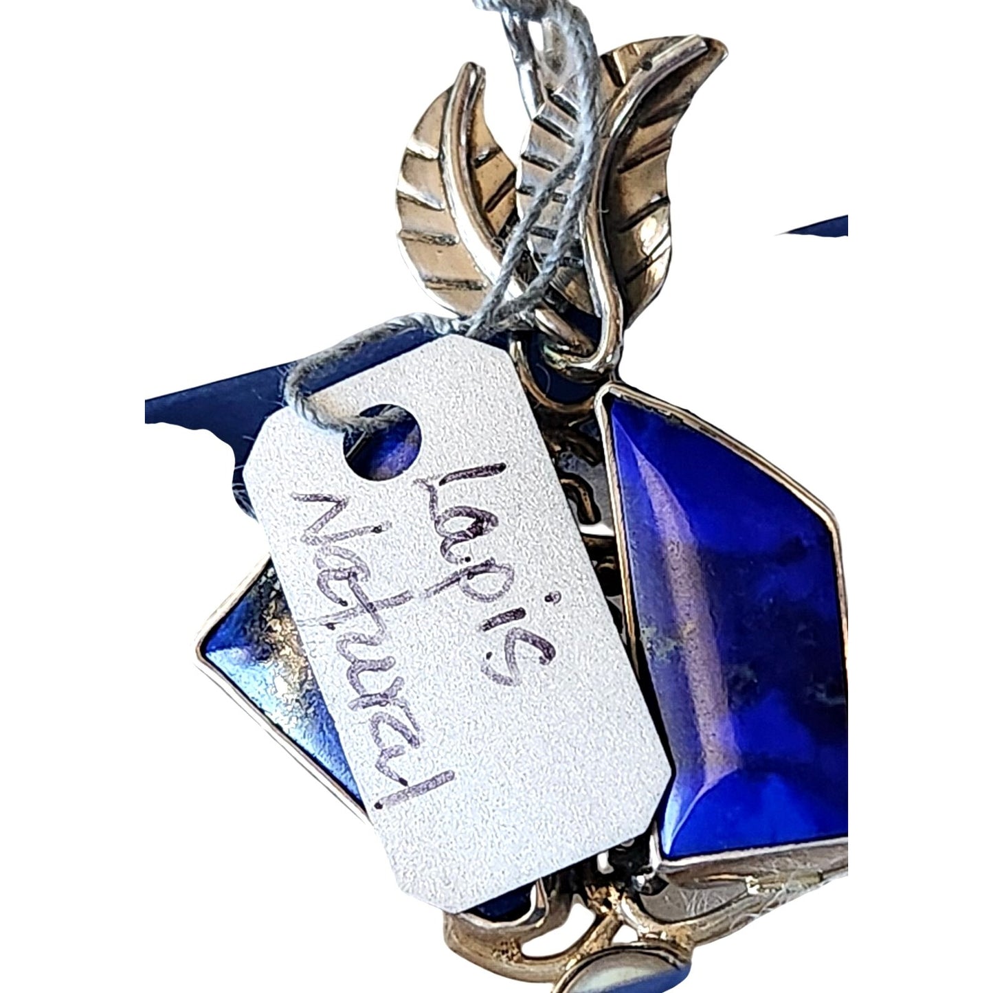 Pendant Lapis Natural Pearl 8 mm 2 Leaves 15 x 8 mm Gold Accents Silver 11.6 Gr
