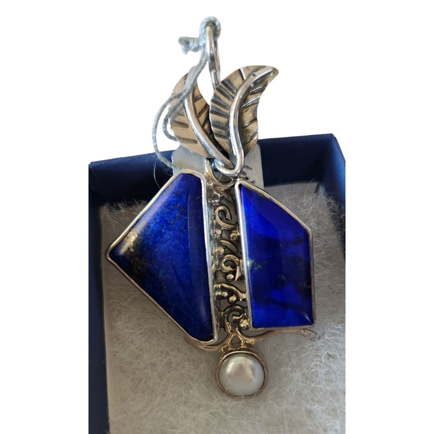 Pendant Lapis Natural Pearl 8 mm 2 Leaves 15 x 8 mm Gold Accents Silver 11.6 Gr