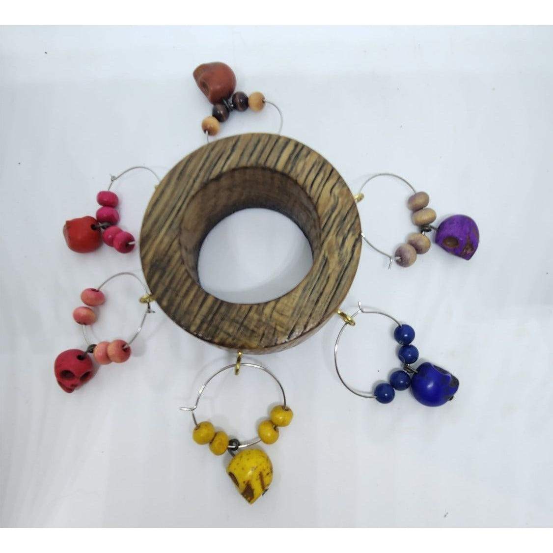 Skull Colorful Wine Glass Charms Set - 6 Themed Unique Charms With Beads & Wood Holder