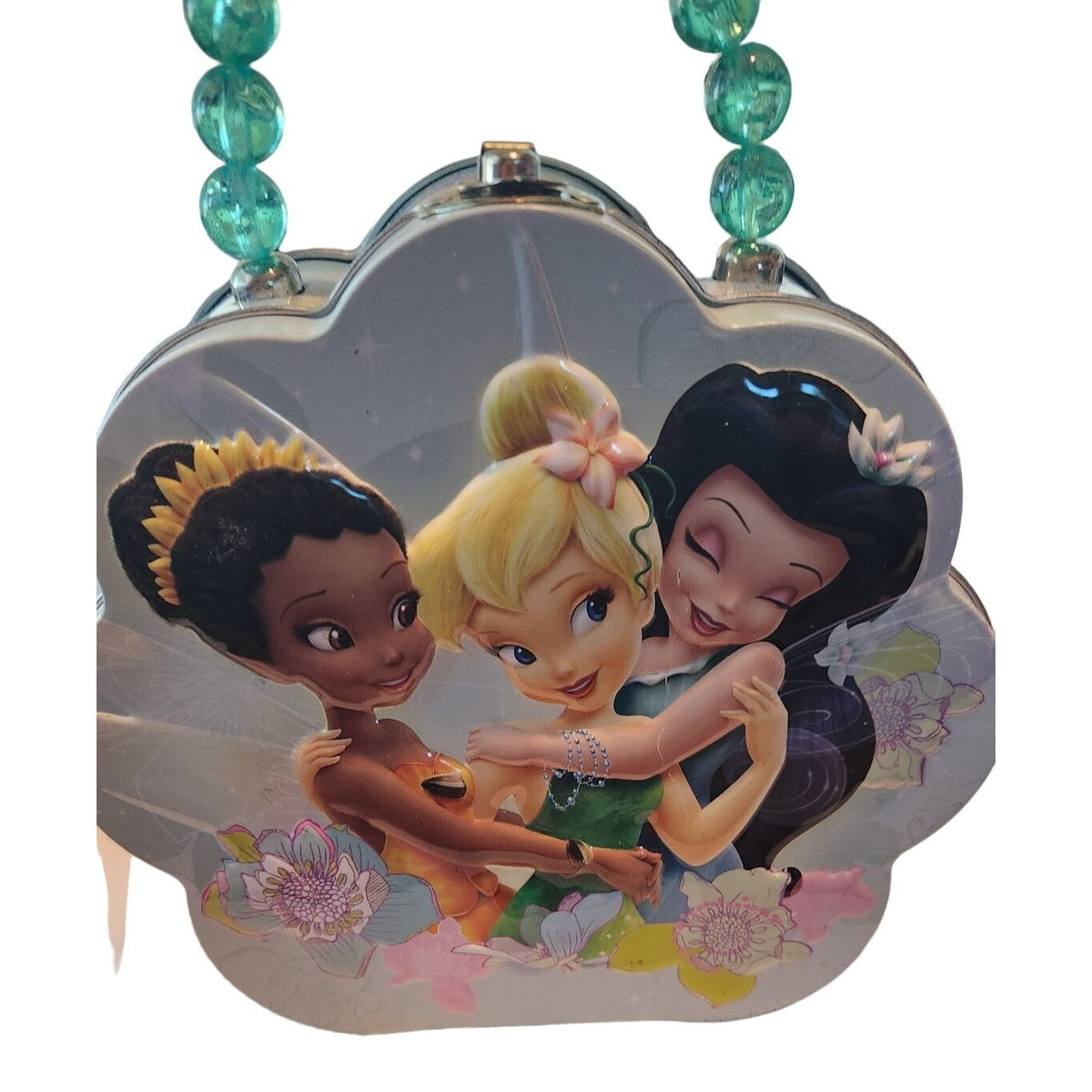 Disney Mini Tin Box Co Tinkerbell and Friends 6 x 6 1/2 x 3 Beaded Handle Clean inside