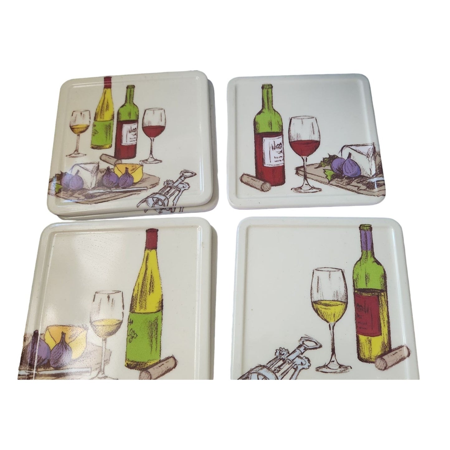 Coasters set of 6 Precidio Plastic Colorful Wine designs 4 different 4" x 4"