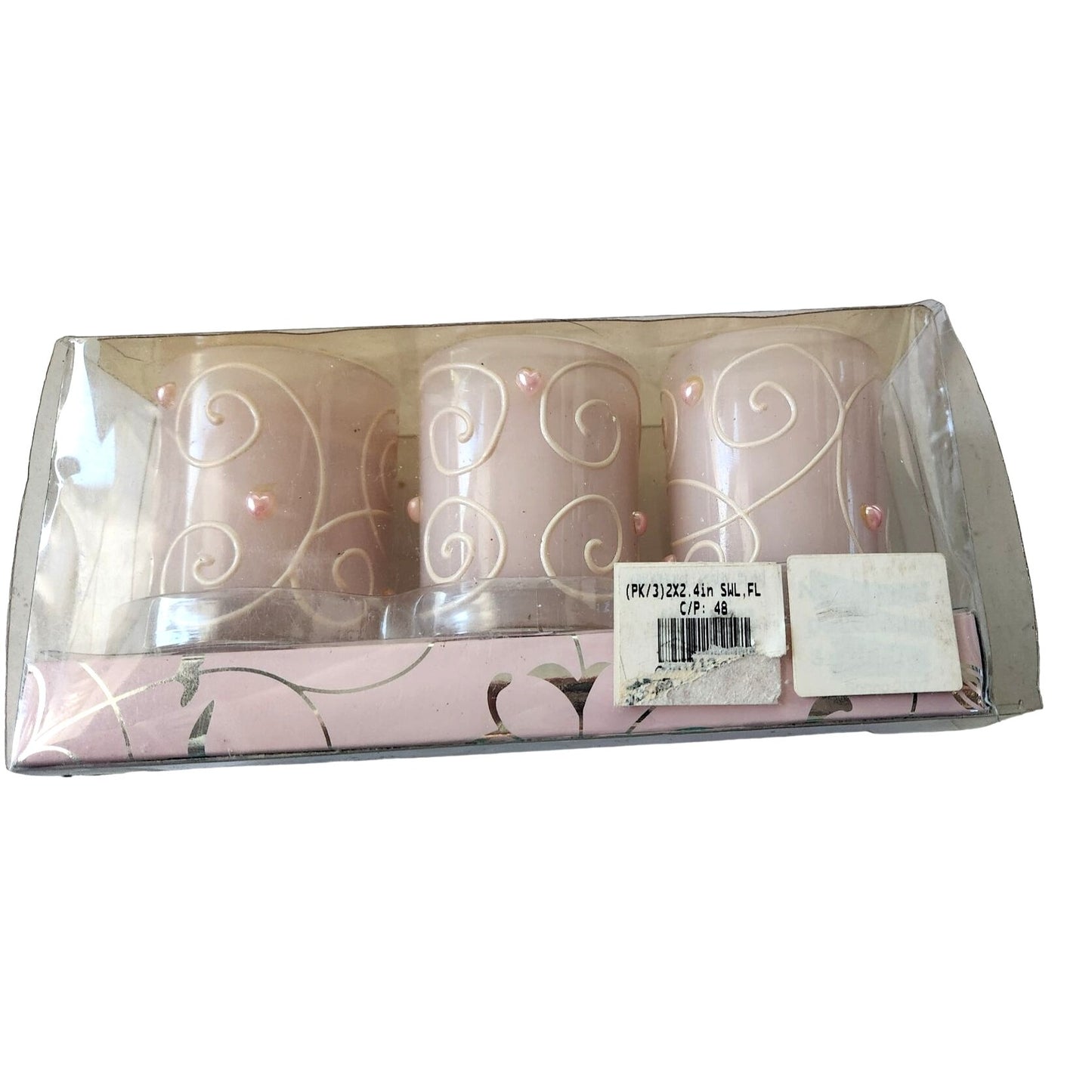 Candles Valentine Love Pink Votive Swirl Hearts  2 1/2 " Tall 2" Top Set of 3 Sparkle top