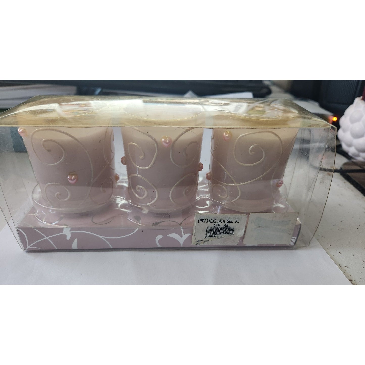 Candles Valentine Love Pink Votive Swirl Hearts  2 1/2 " Tall 2" Top Set of 3 Sparkle top