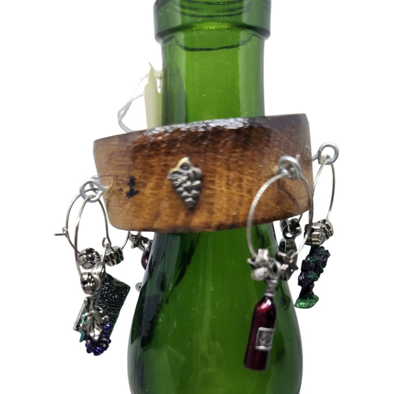 Wine Bottle Charm Set 6 Gold Color Painted Metal Charm Glass Bead on Wine Stave