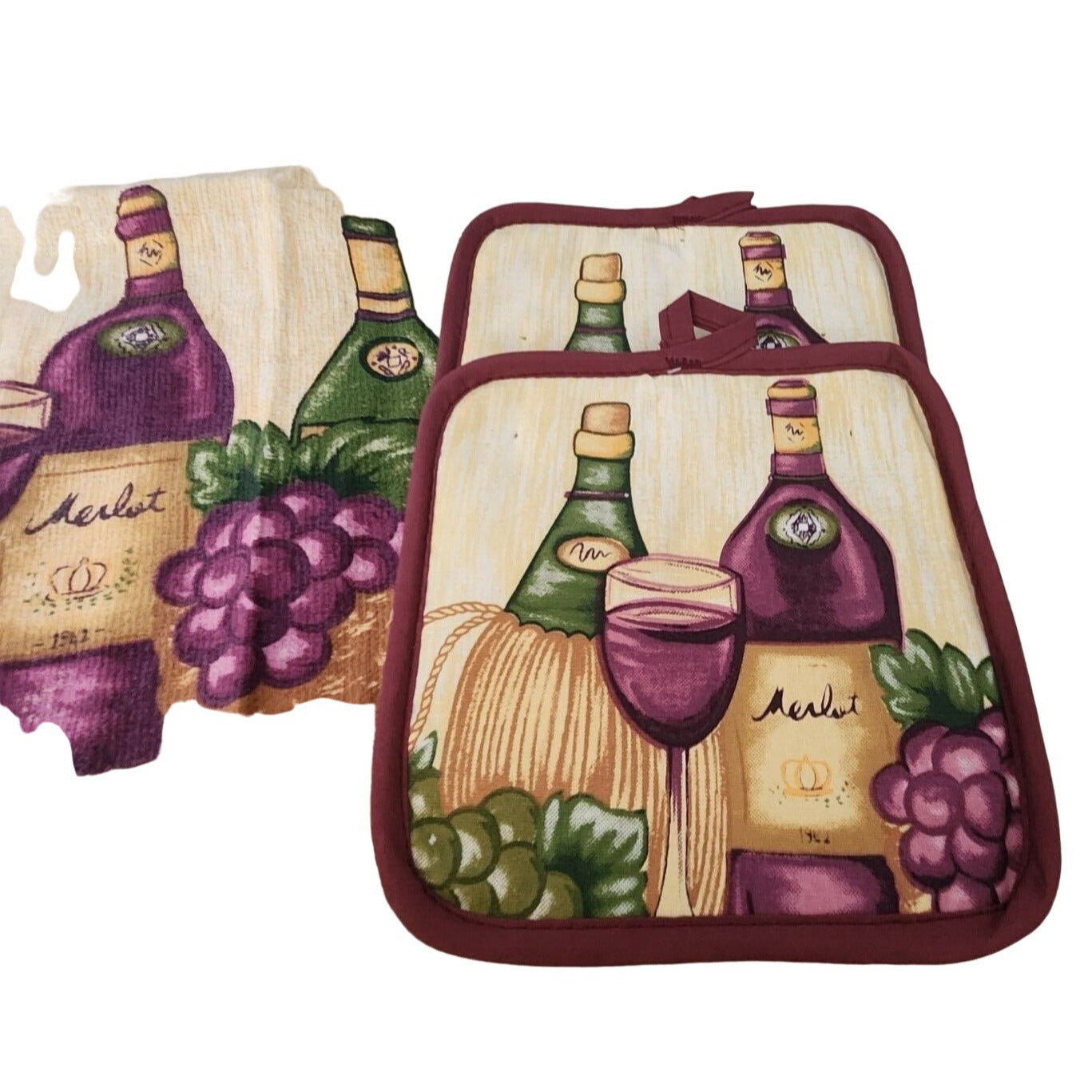 Kitchen Towel 5 Piece Set Merlot 2 2 Towels 2 Pot Holders, 1 Oven Mitt 100% Cotton