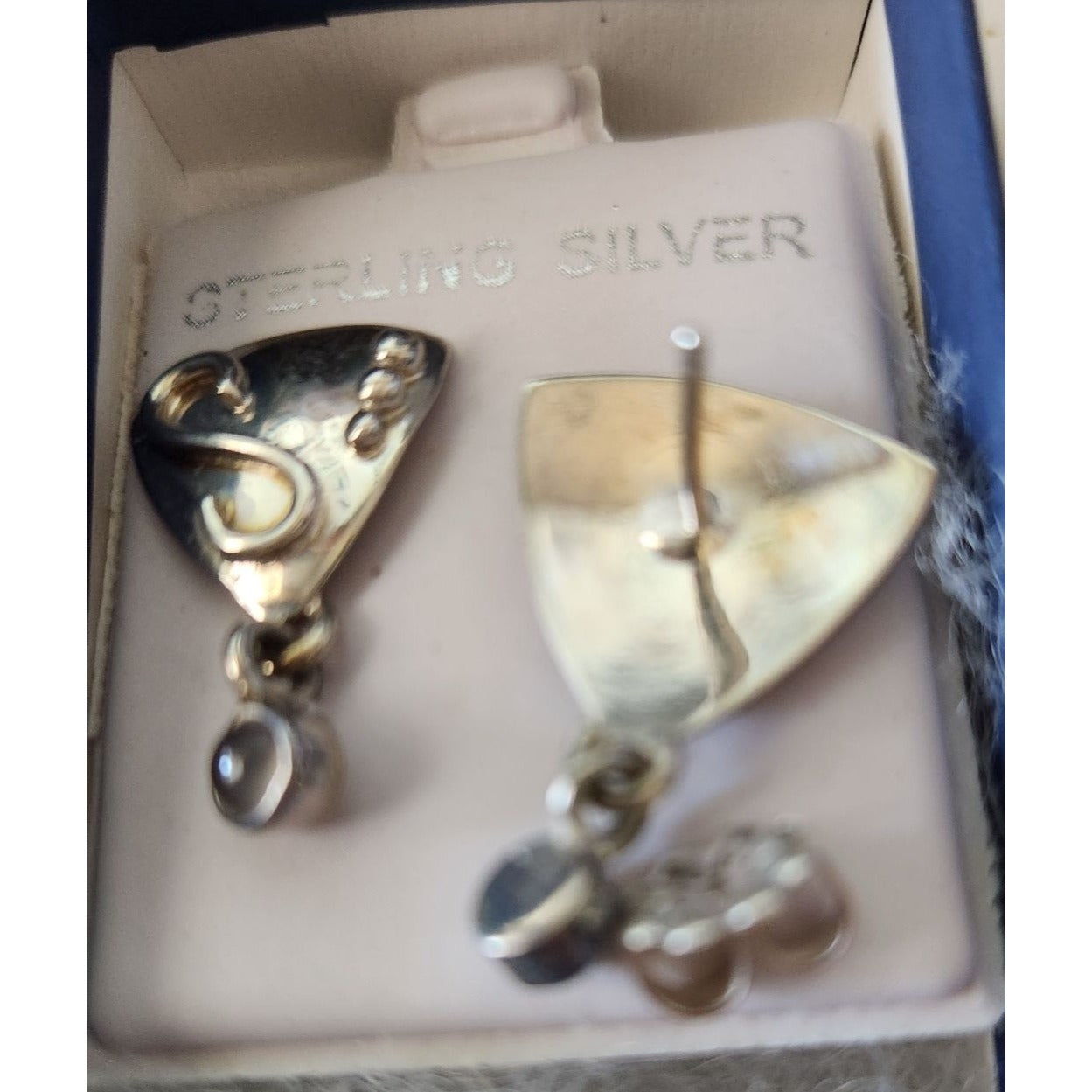 Earrings MoonStone Post Silver Triangle Drop 4.3 gr  Jerry & Fran Harr Handmade
