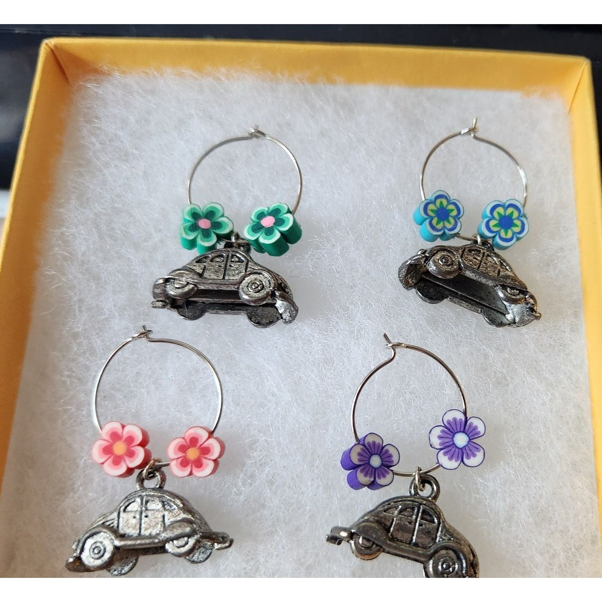 Wine Glass Charms Silver VW Bug Charms and Flowers Beads Set 4 Charms