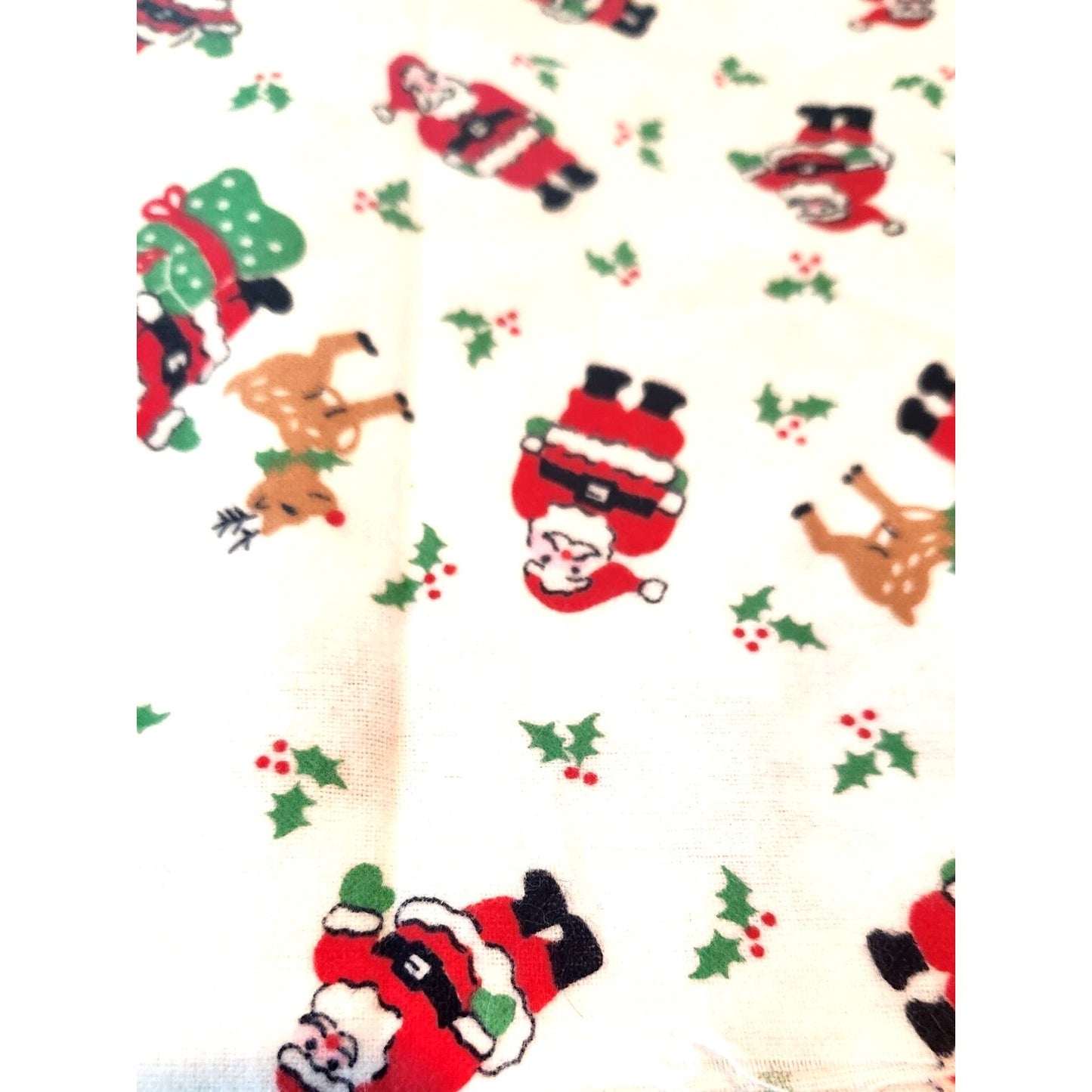 Fabric Santa Claus with Gift Sack Reindeer Holly White Background 36 x 45 1 yard Cotton Flannel Material
