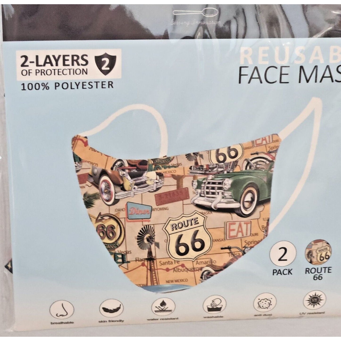 Primeware Mask Route 66 Design Adult 2 pack 2 layers 100 % Polyester Washable