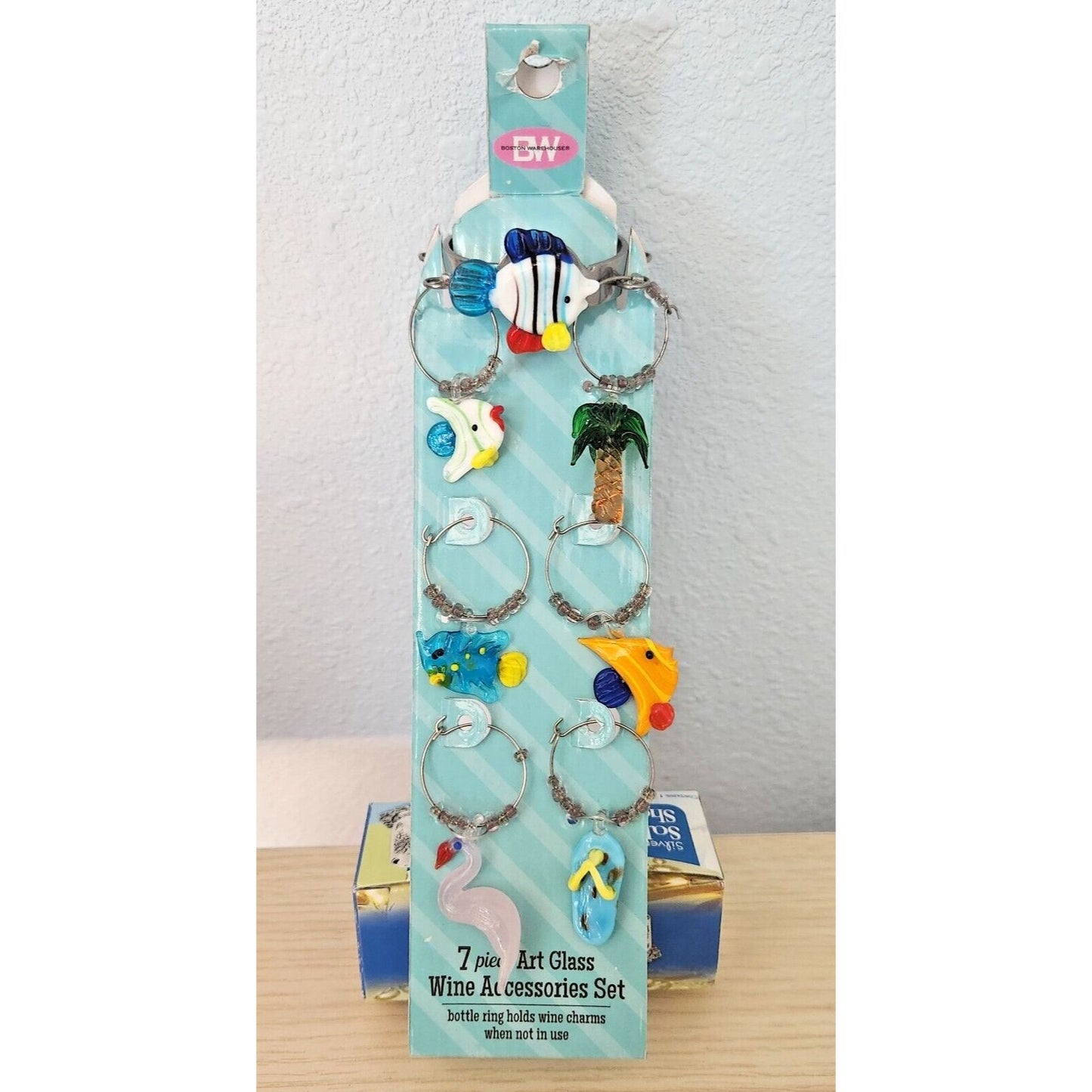 Boston Warehouse 7 Piece Art Glass 1 Wine Ring and 6 Beaded Wine Charms Beach