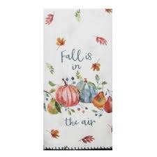 Kitchen Towel says Fall is in the Air White Leaves Pumpkins Time to Share 18 x 28 100 % Cotton Krinkle Flour Sack Towel