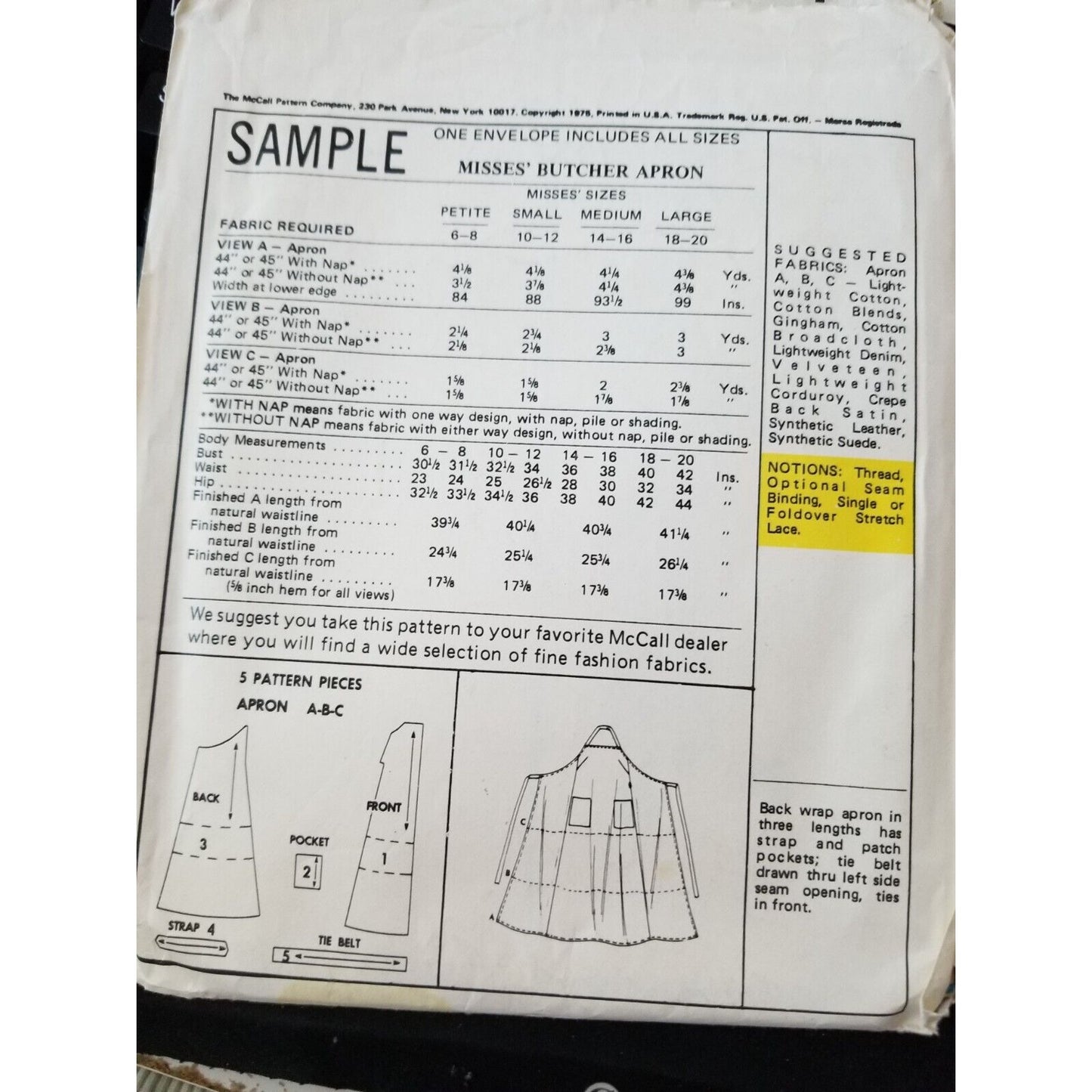 Pattern McCall's # Sample Butcher's Apron 3 Lengths