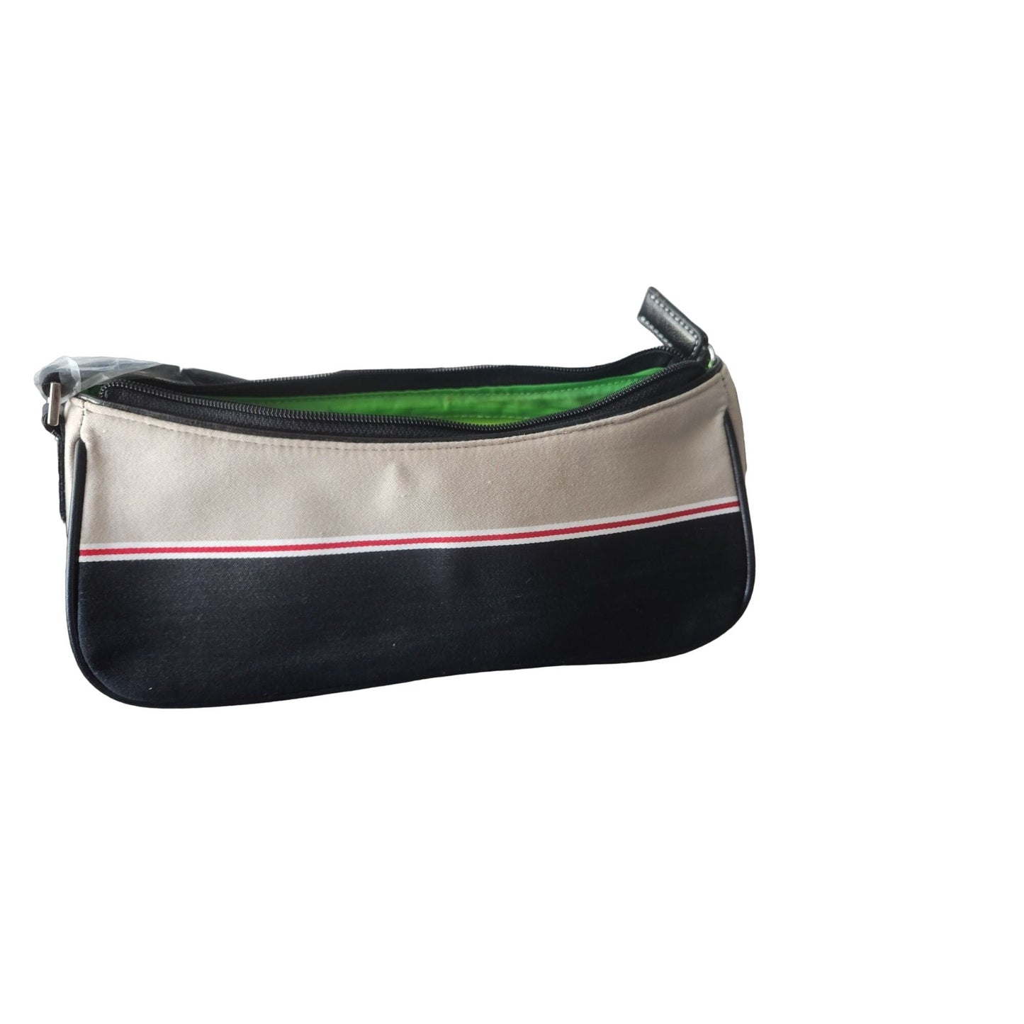 Purse Bag Black Grey Red Zip Top Inside Zip Pocket 10 " x 4" x 4 1/2" 20" Handle Green Lining