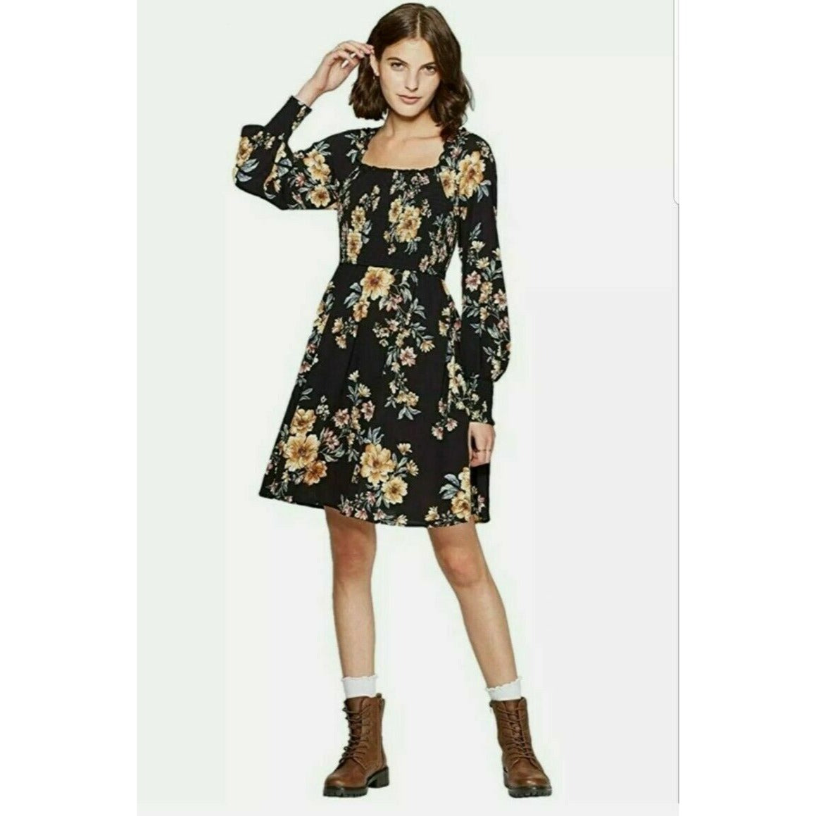 Dress Xhilaration Women's Size S Black Floral Print Long Sleeve Square Neck