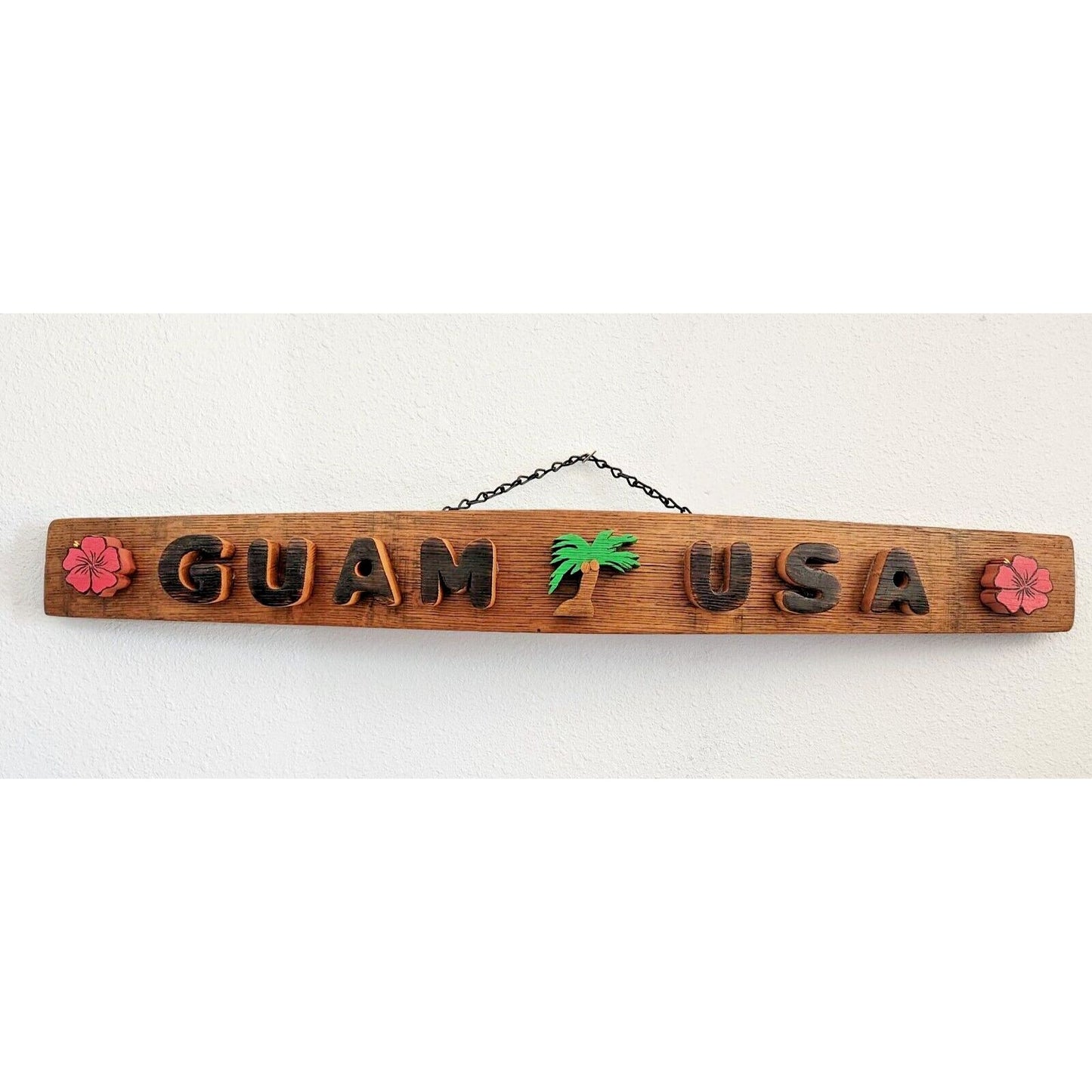 Wood Sign Wine Stave says "Guam USA" Flowers Palm Tree Letters Cut Stave