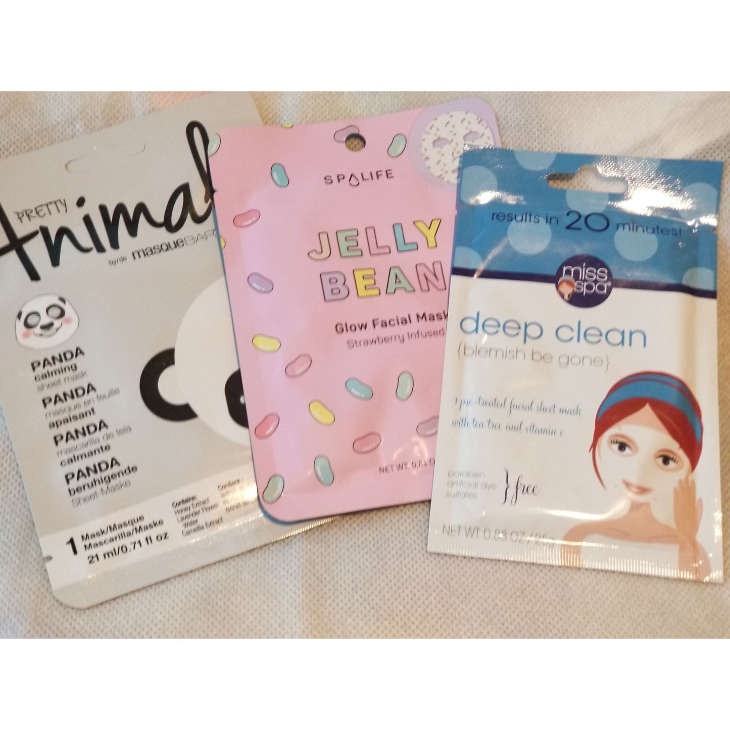 Set of 3 Face Masks 1 Each Miss Spa Deep Clean, Spa Life Jelly Bean,, MasqueBar Pretty Animalz