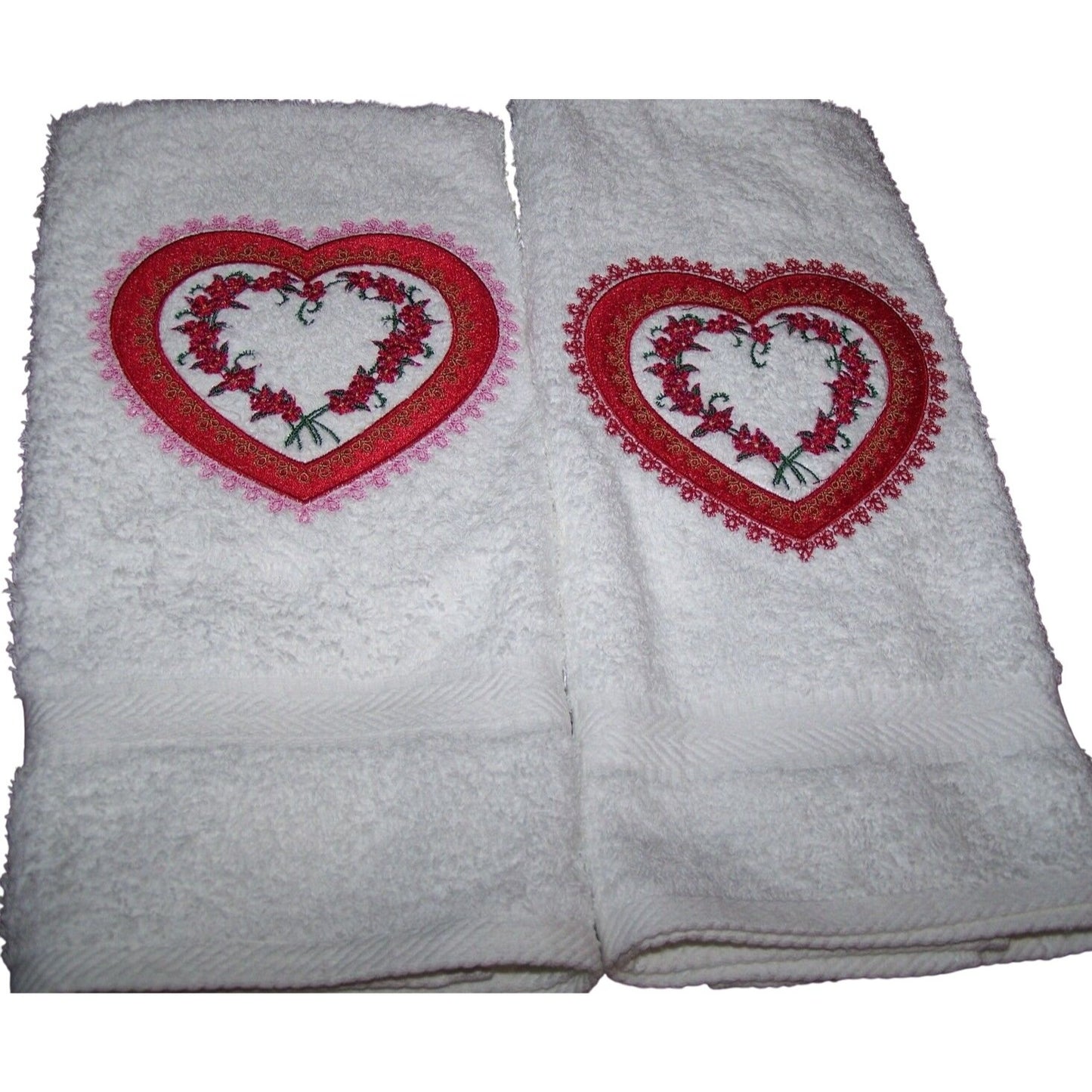 Kitchen Towel Embroidered 100% Set 2 Cotton Terry Pink & Red Hearts & Flowers 15 x 21