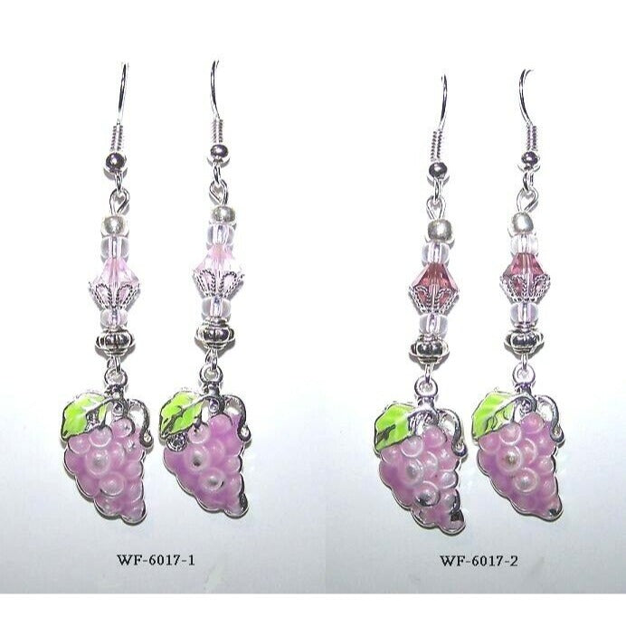 Earrings Painted Metal Grape Cluster Purple Silver White Bead Sterling Wire 2"