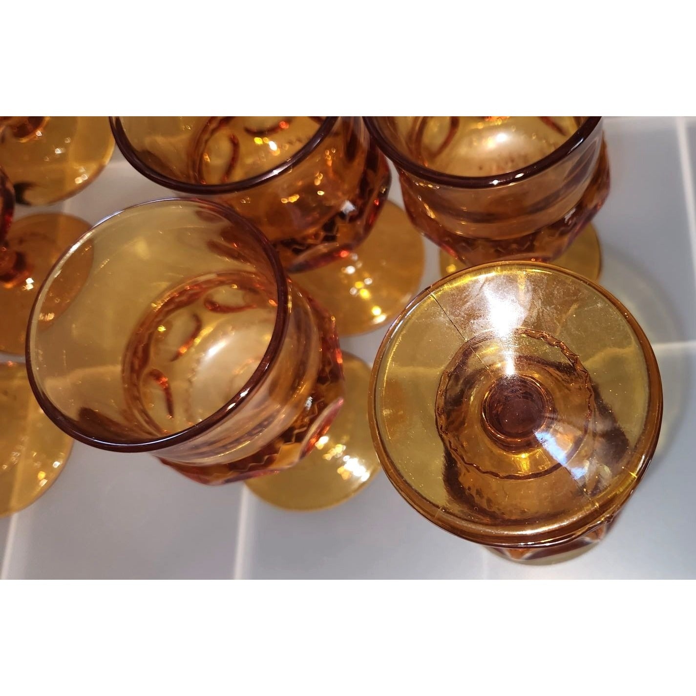 Set of 10 Thumbprint Indiana Glass King’s Crown Amber glasses 4 1/2 Tall 2 1/2" wide top 2" Stem 2 1/2 Glass Vintage Wine Goblets