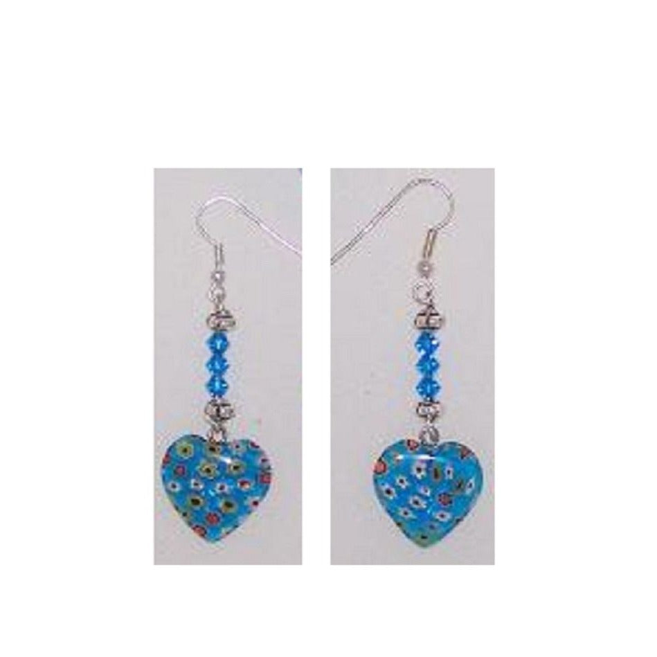 Earrings Blue Heart Flowers White Red Yellow Blue Beads 2 " long Sterling Hook