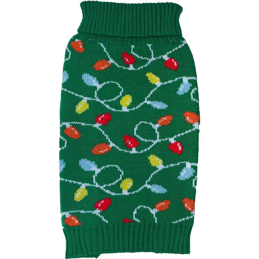 Dog Sweater Size Small Woof Holiday Green with Red Blue Orange yellow Lights Pet