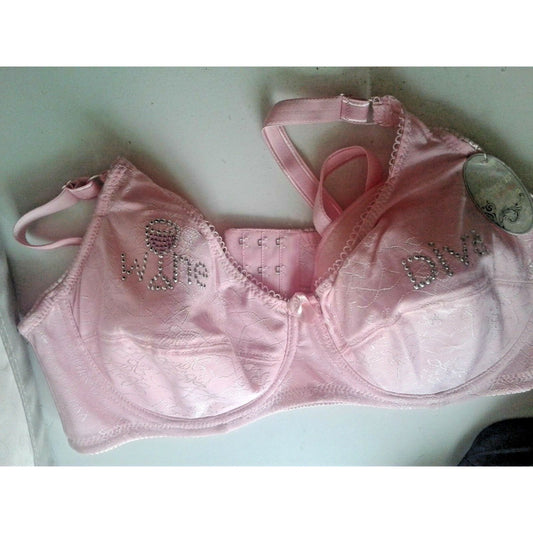 Bra Mopas Size 40 D Pink Flower Says Wine Diva on Top Cup Rhinestones Underwire