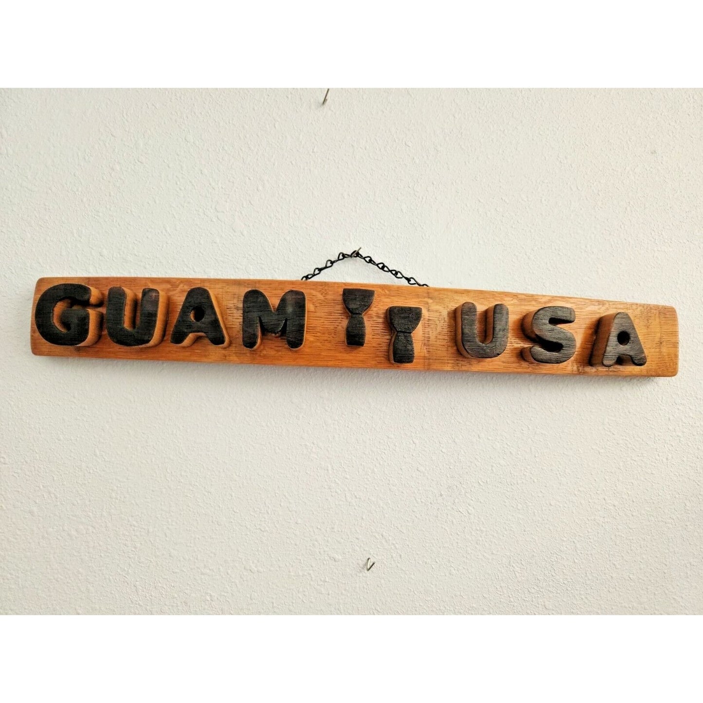 Wood Sign Wine Stave says "Guam USA ", Letters, Lotta Stones Cut from Stave