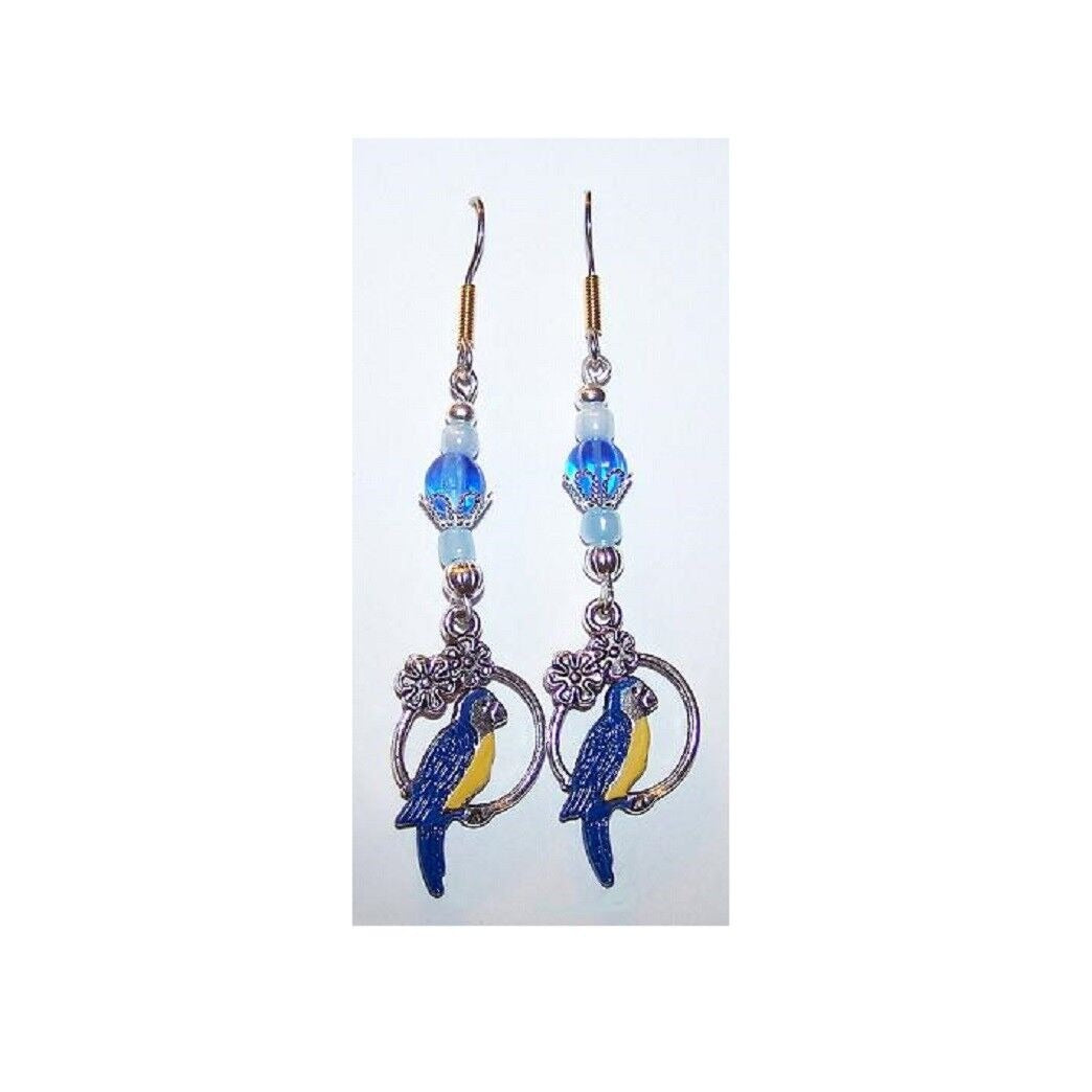 Earrings Painted Parrot in Hoop Flowers Blue Beads  2" long Sterling Hook