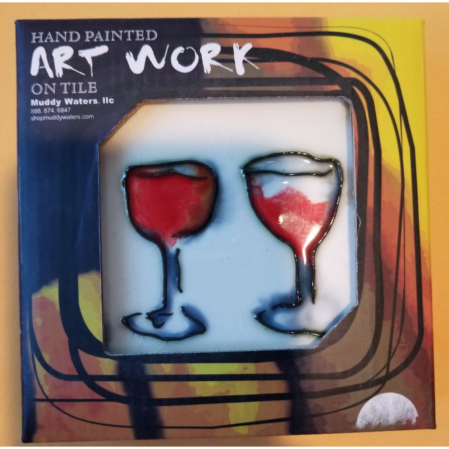 Art Tile 4" x 4" Muddy Waters Hand Painted 7A031 ArtWork on Tile Wine 3 Two Wine Glasses 1/2 " Ceramic Tile and backing
