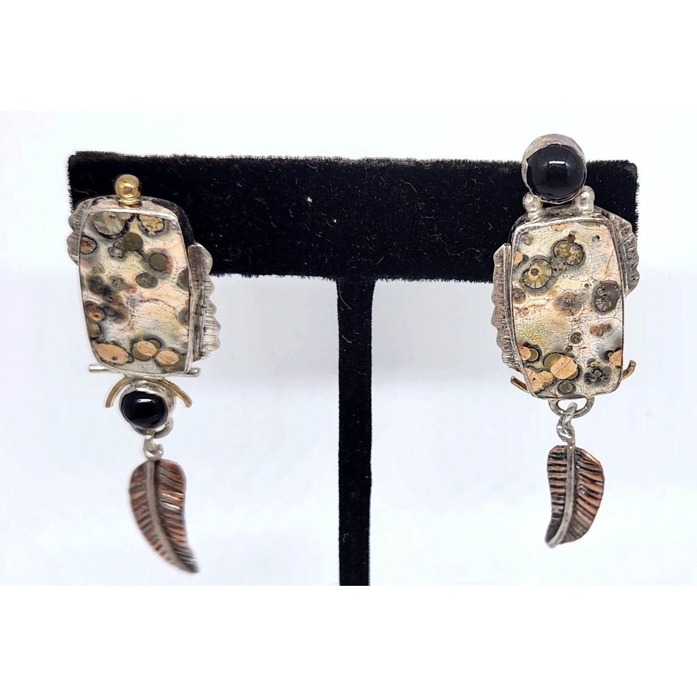 Leopard Jasper Earrings Copper Feather Black Onyx 8mm Circle 11.6 Gr Silver Post