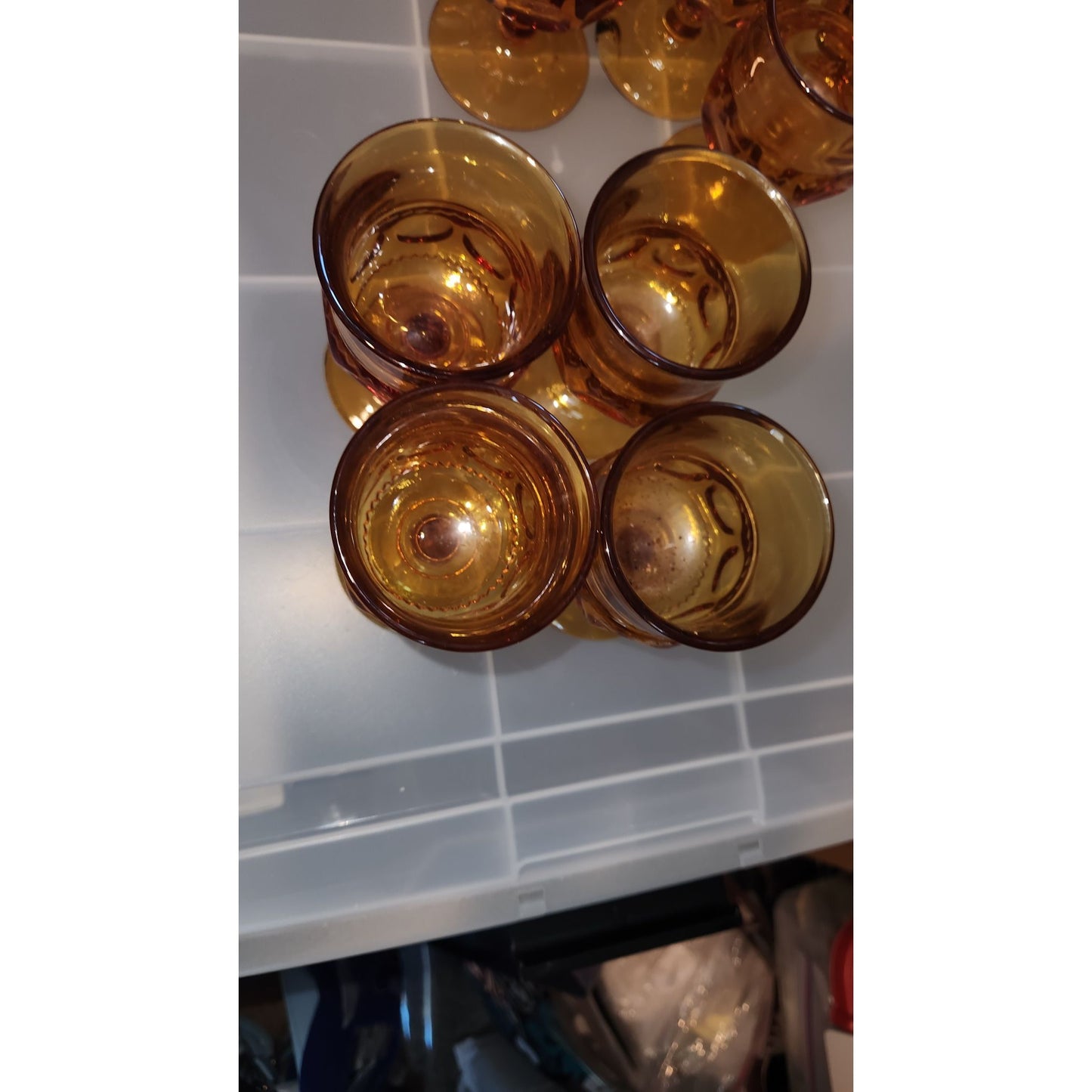 Set of 10 Thumbprint Indiana Glass King’s Crown Amber glasses 4 1/2 Tall 2 1/2" wide top 2" Stem 2 1/2 Glass Vintage Wine Goblets