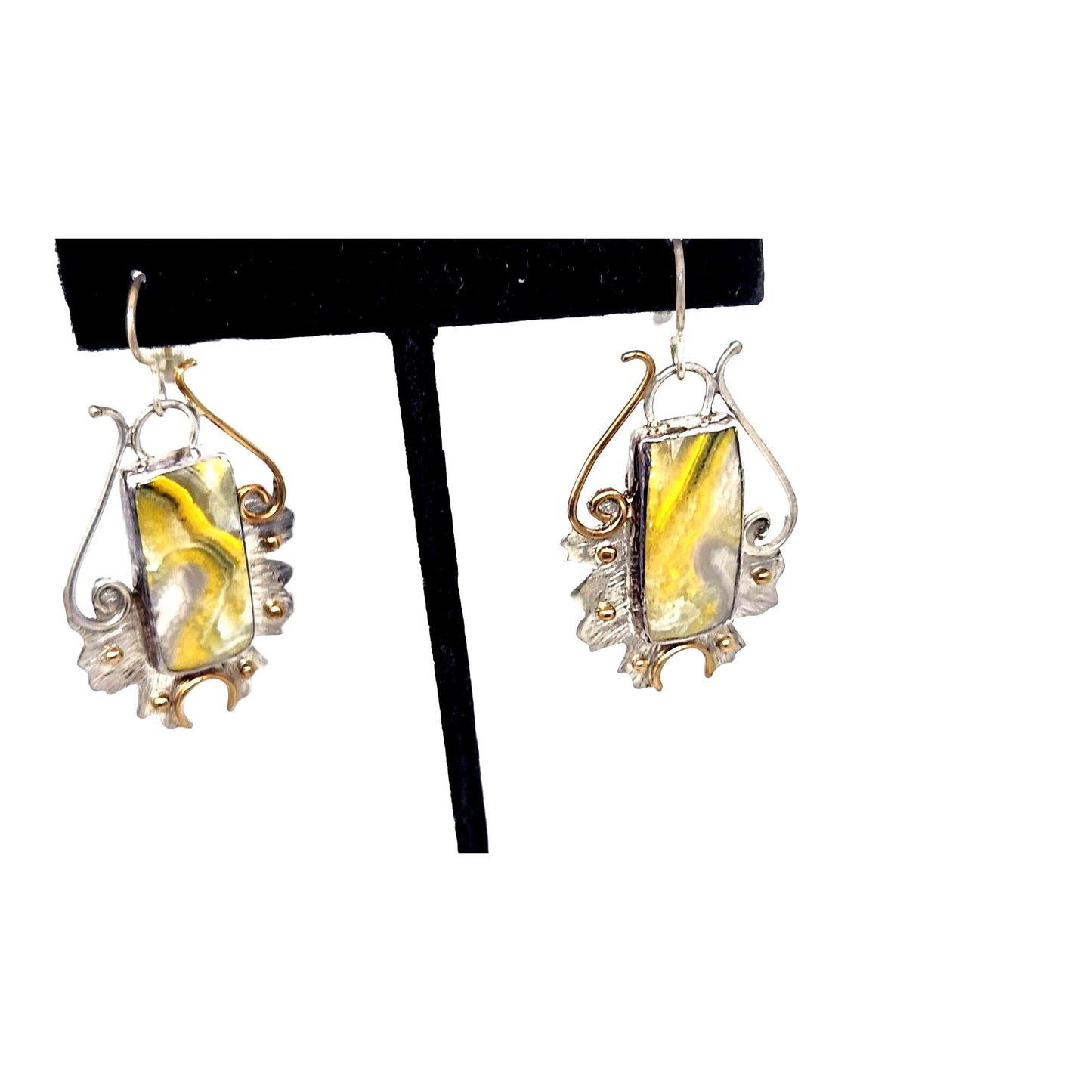 Earrings Bumble Bee Jasper 925 Silver 14K Gold 25mm x 10mm Silver Frame 40mm x 25mm Filigree Accents Top Hoop 20mm x 25